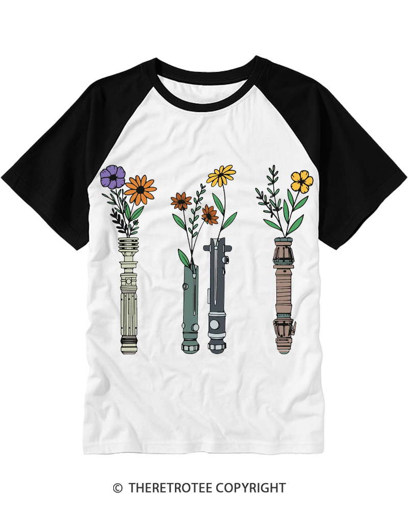 TheRetroTee Floral Lightsaber 1980s Raglan Baseball T-Shirt