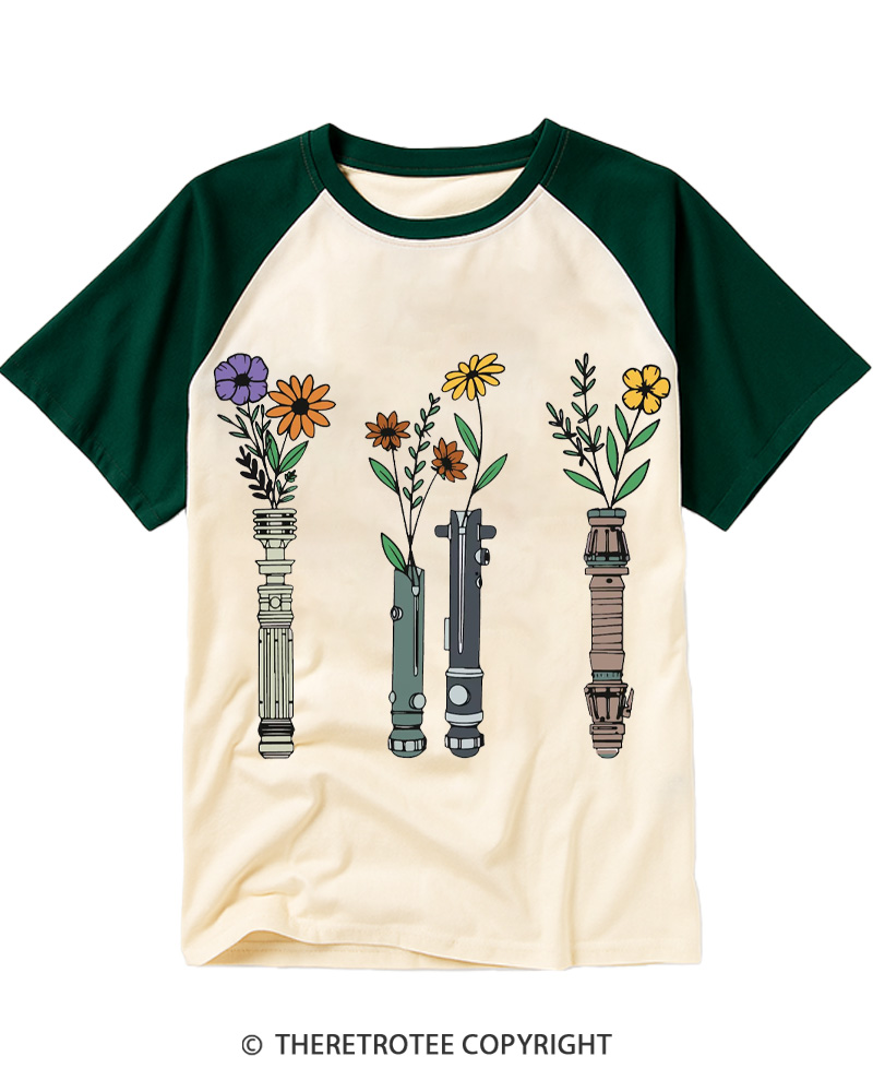 TheRetroTee Floral Lightsaber 1980s Raglan Baseball T-Shirt