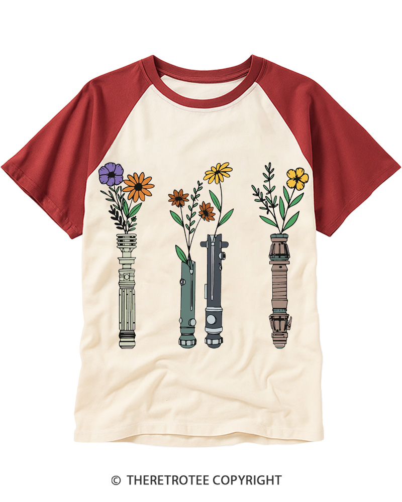 TheRetroTee Floral Lightsaber 1980s Raglan Baseball T-Shirt
