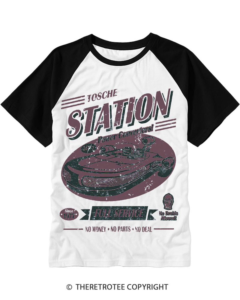TheRetroTee Outer Rim Service Station 1980s Raglan Baseball T-Shirt