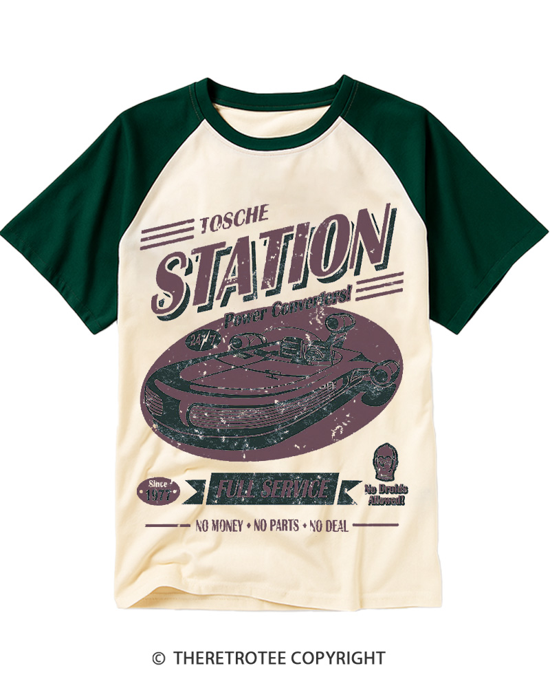 TheRetroTee Outer Rim Service Station 1980s Raglan Baseball T-Shirt