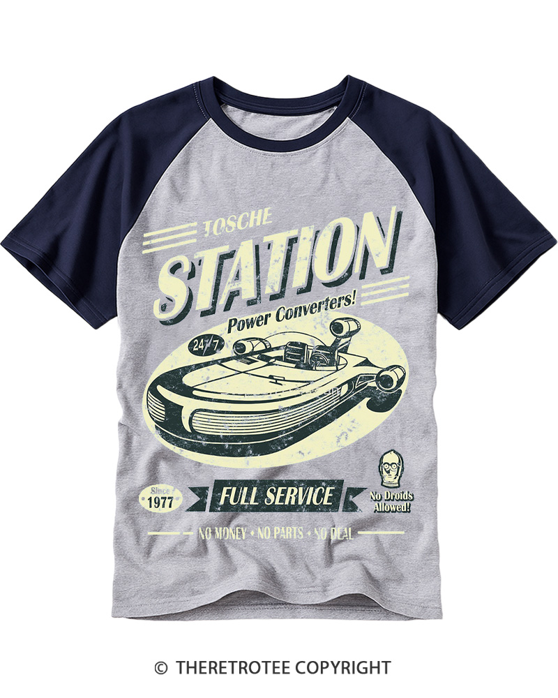 TheRetroTee Outer Rim Service Station 1980s Raglan Baseball T-Shirt