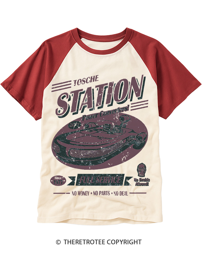 TheRetroTee Outer Rim Service Station 1980s Raglan Baseball T-Shirt