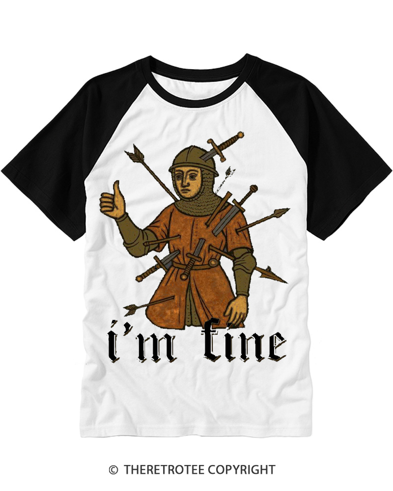 TheRetroTee Medieval Knight I’m Fine 1970s Raglan Baseball T-Shirt