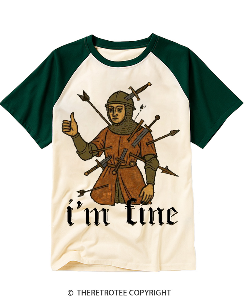 TheRetroTee Medieval Knight I’m Fine 1970s Raglan Baseball T-Shirt