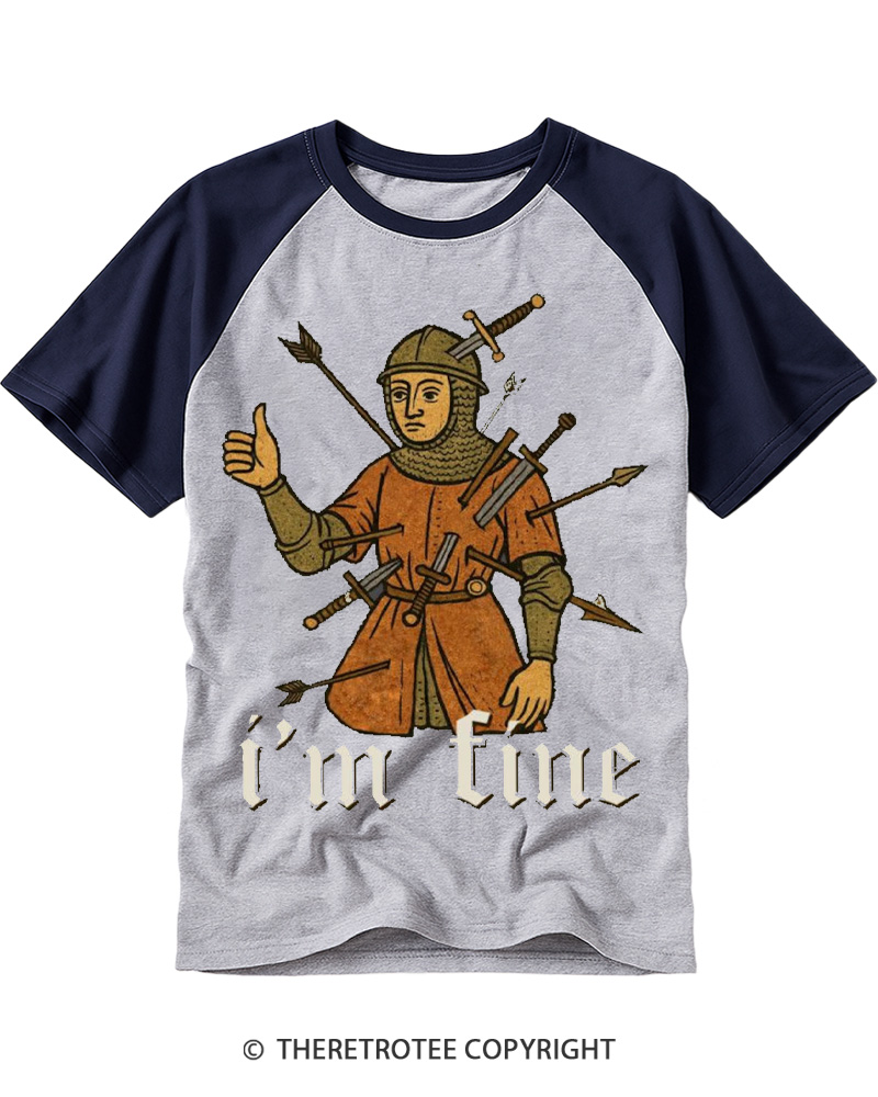 TheRetroTee Medieval Knight I’m Fine 1970s Raglan Baseball T-Shirt