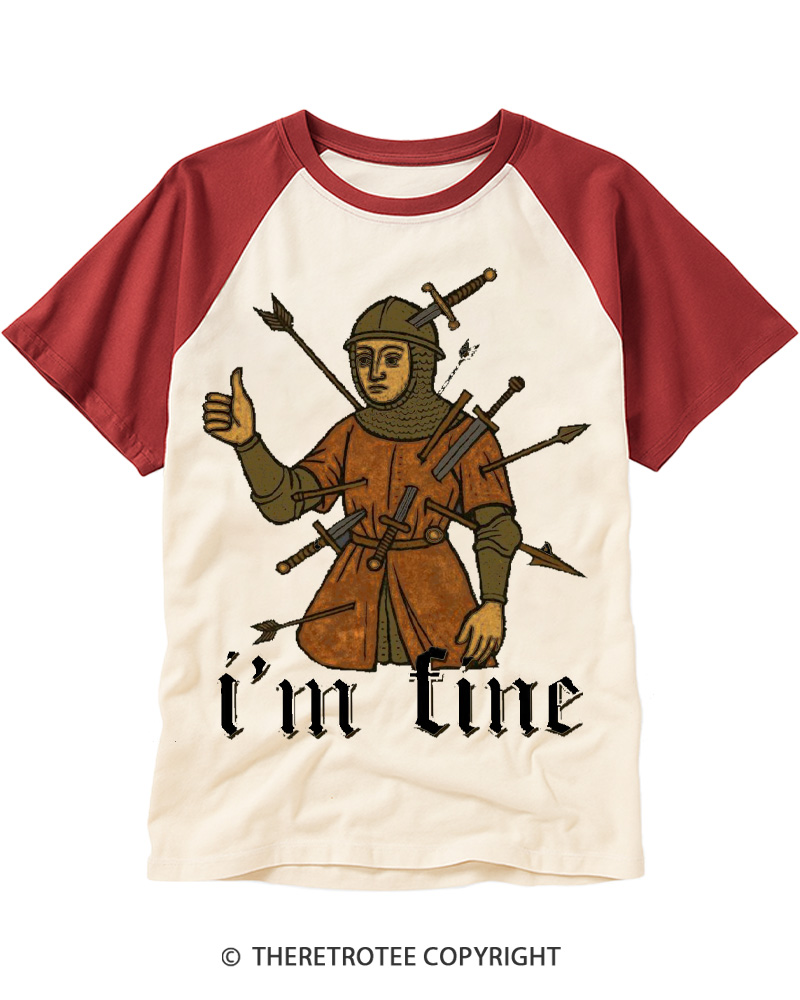TheRetroTee Medieval Knight I’m Fine 1970s Raglan Baseball T-Shirt