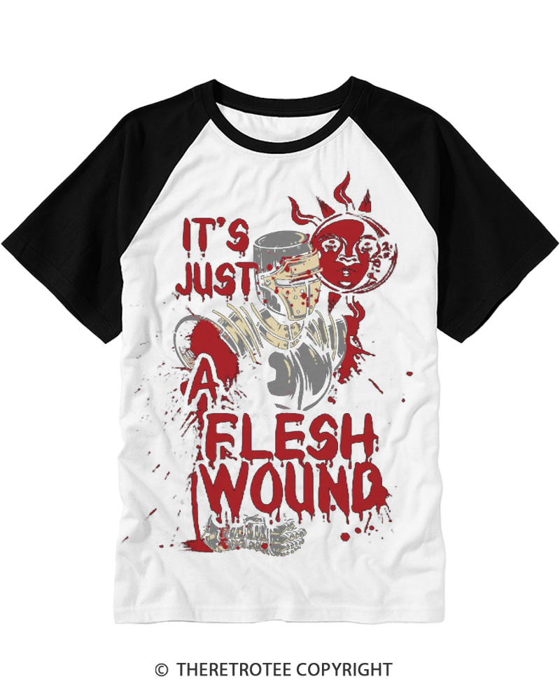 TheRetroTee It's Just A Flesh Wound 1970s Raglan Baseball T-Shirt