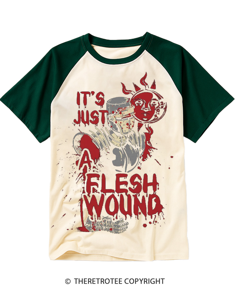 TheRetroTee It's Just A Flesh Wound 1970s Raglan Baseball T-Shirt