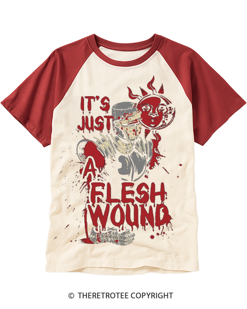 TheRetroTee It's Just A Flesh Wound 1970s Raglan Baseball T-Shirt