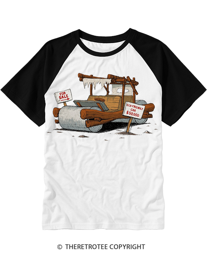 TheRetroTee Stone Age Eco Car 1960s Raglan Baseball T-Shirt