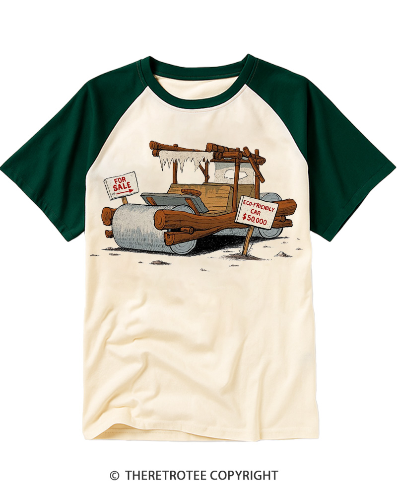 TheRetroTee Stone Age Eco Car 1960s Raglan Baseball T-Shirt