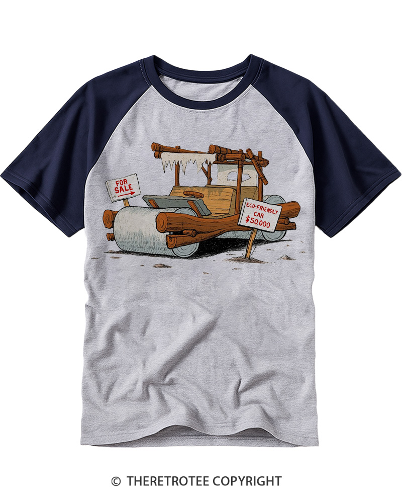 TheRetroTee Stone Age Eco Car 1960s Raglan Baseball T-Shirt