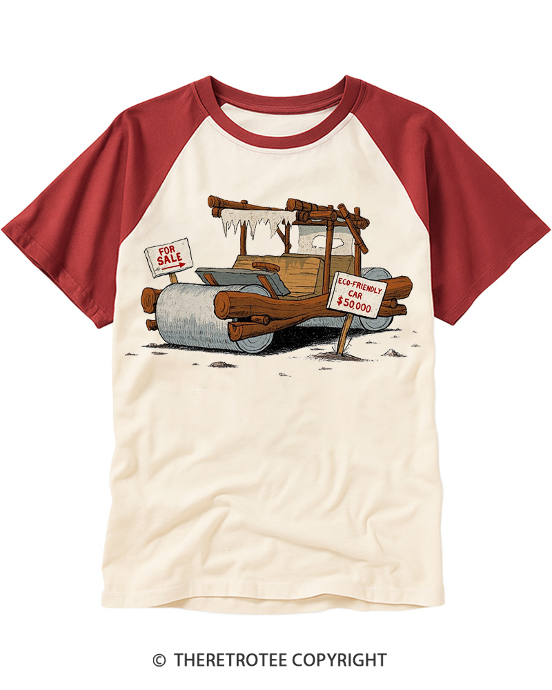TheRetroTee Stone Age Eco Car 1960s Raglan Baseball T-Shirt