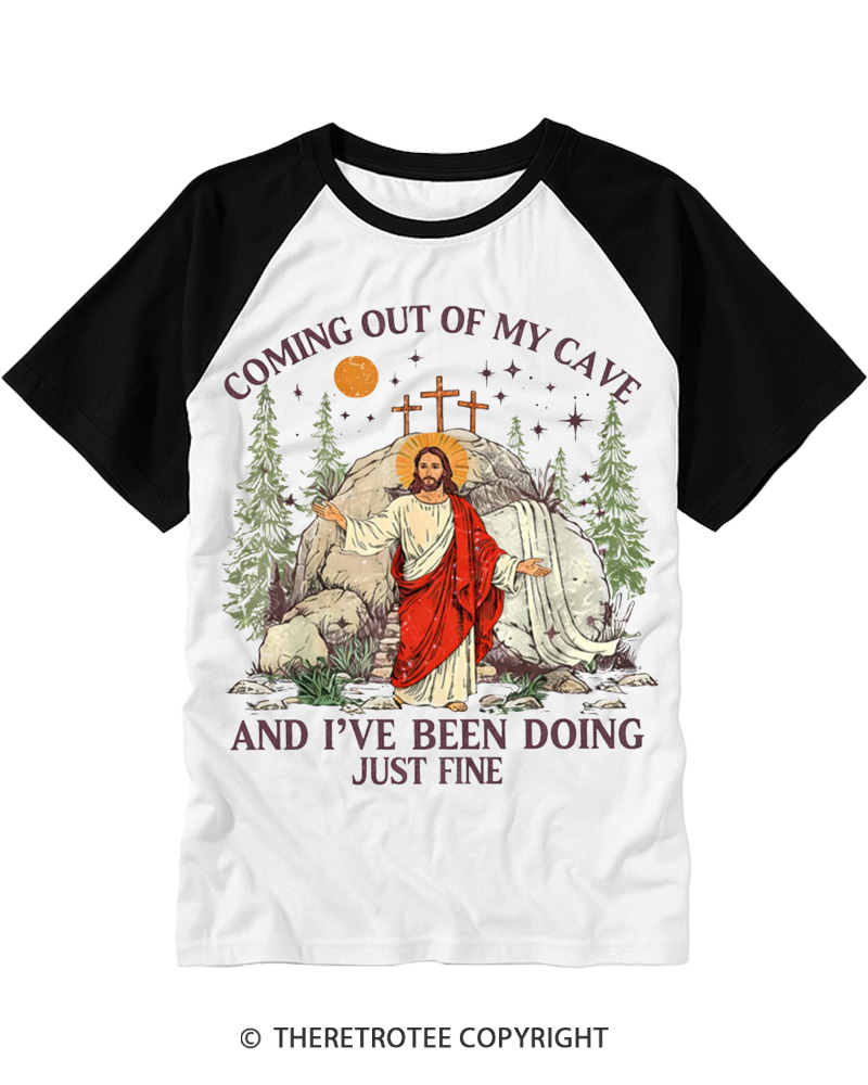TheRetroTee Coming Out Of My Cave And I've Been Doing Just Fine 2000s Raglan Baseball T-Shirt