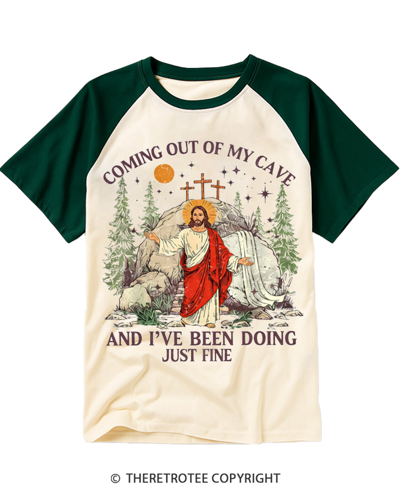 TheRetroTee Coming Out Of My Cave And I've Been Doing Just Fine 2000s Raglan Baseball T-Shirt