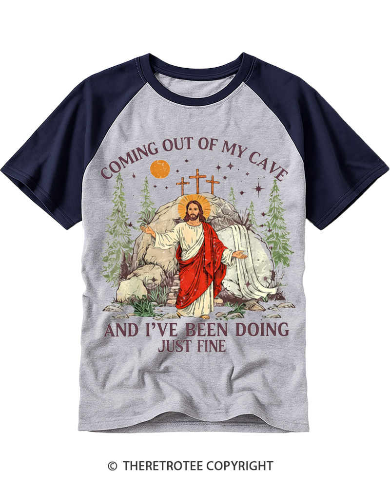 TheRetroTee Coming Out Of My Cave And I've Been Doing Just Fine 2000s Raglan Baseball T-Shirt