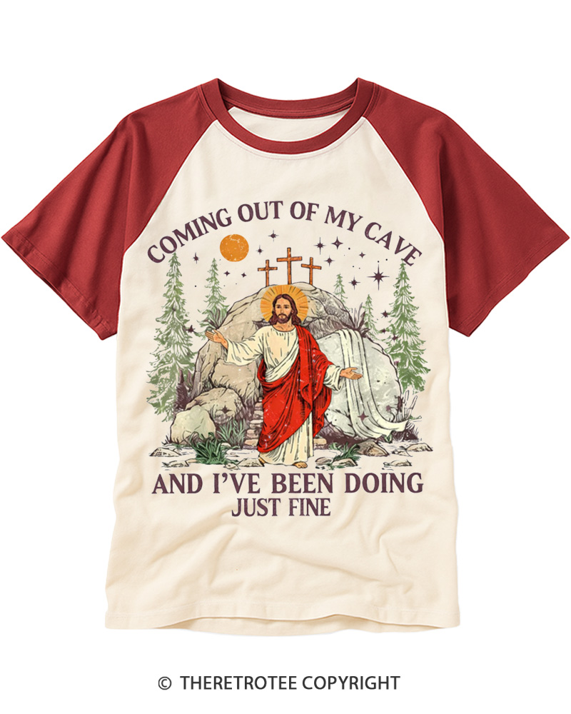 TheRetroTee Coming Out Of My Cave And I've Been Doing Just Fine 2000s Raglan Baseball T-Shirt