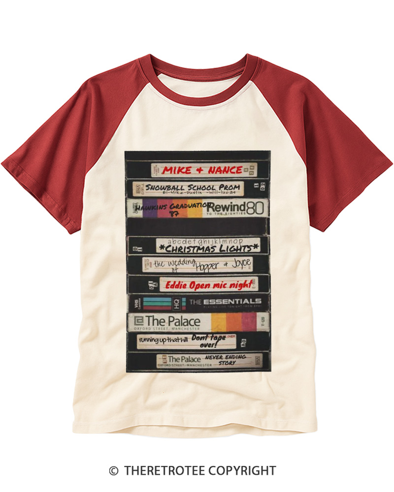 TheRetroTee Stranger Vintage Cassette Tape Stack 1980s Raglan Baseball T-Shirt
