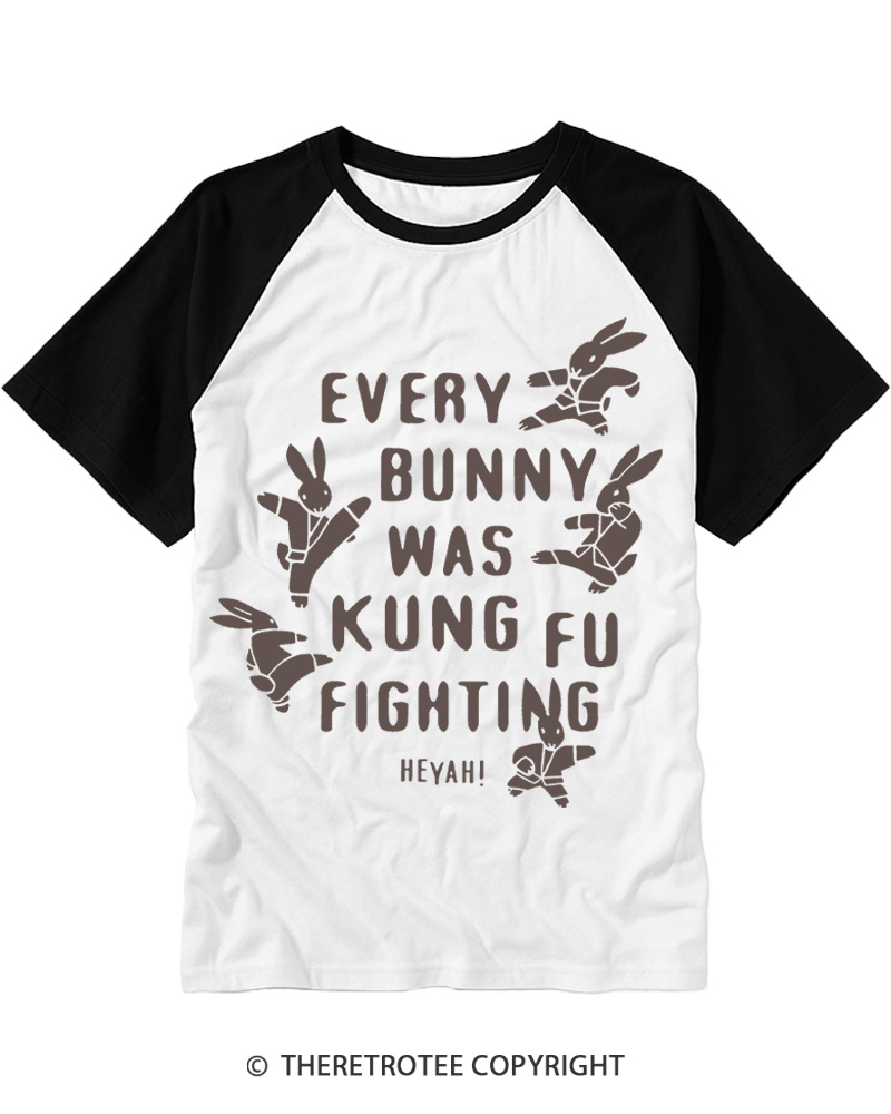TheRetroTee Every Bunny Was Kung Fu Fighting Raglan Baseball T-Shirt