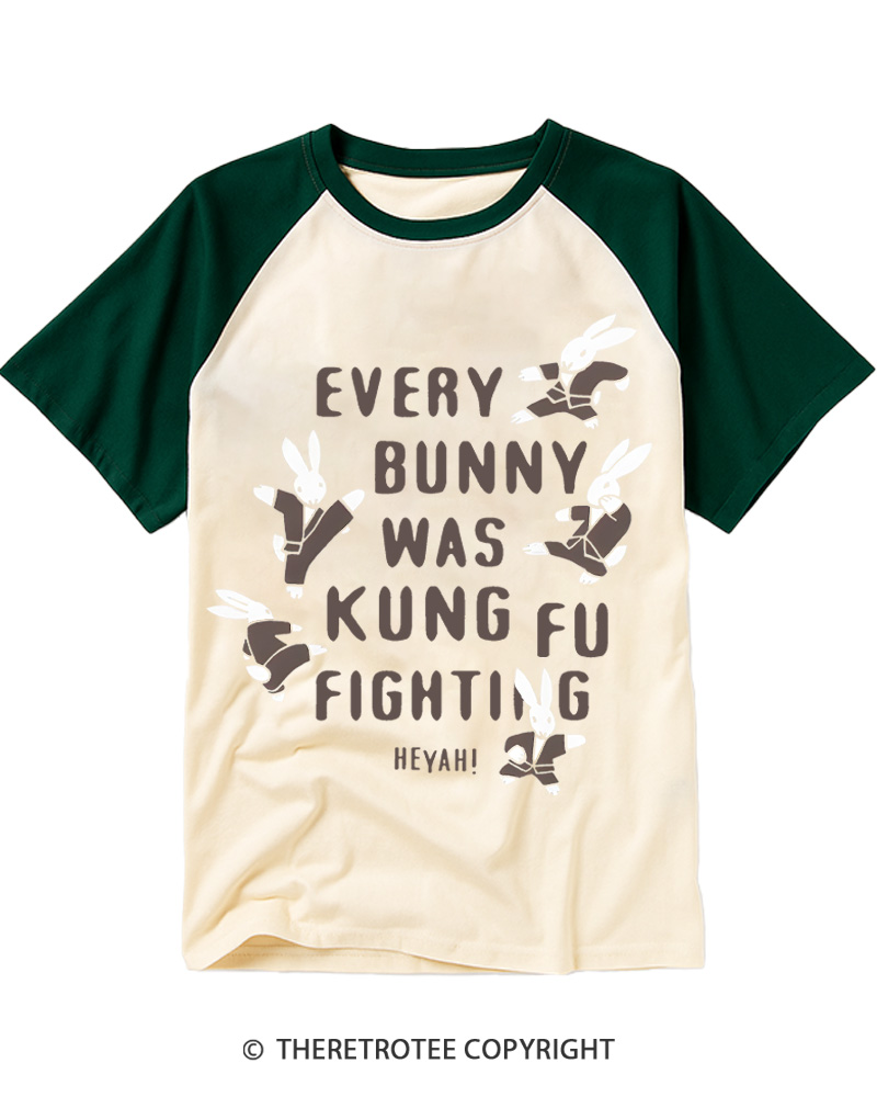 TheRetroTee Every Bunny Was Kung Fu Fighting Raglan Baseball T-Shirt
