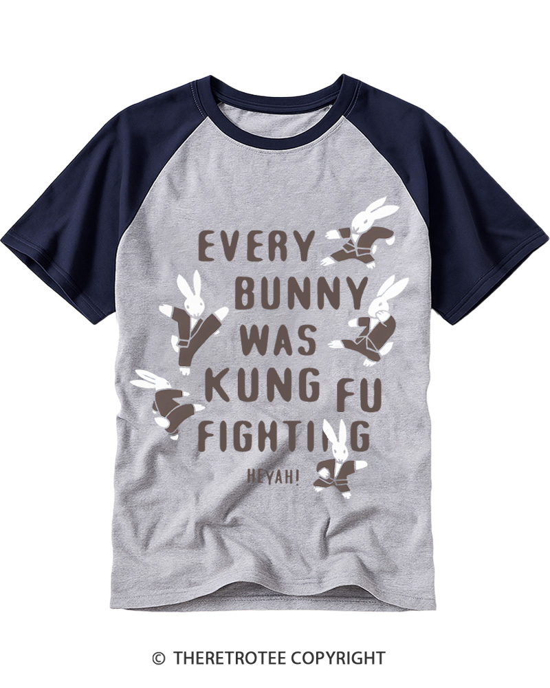 TheRetroTee Every Bunny Was Kung Fu Fighting Raglan Baseball T-Shirt