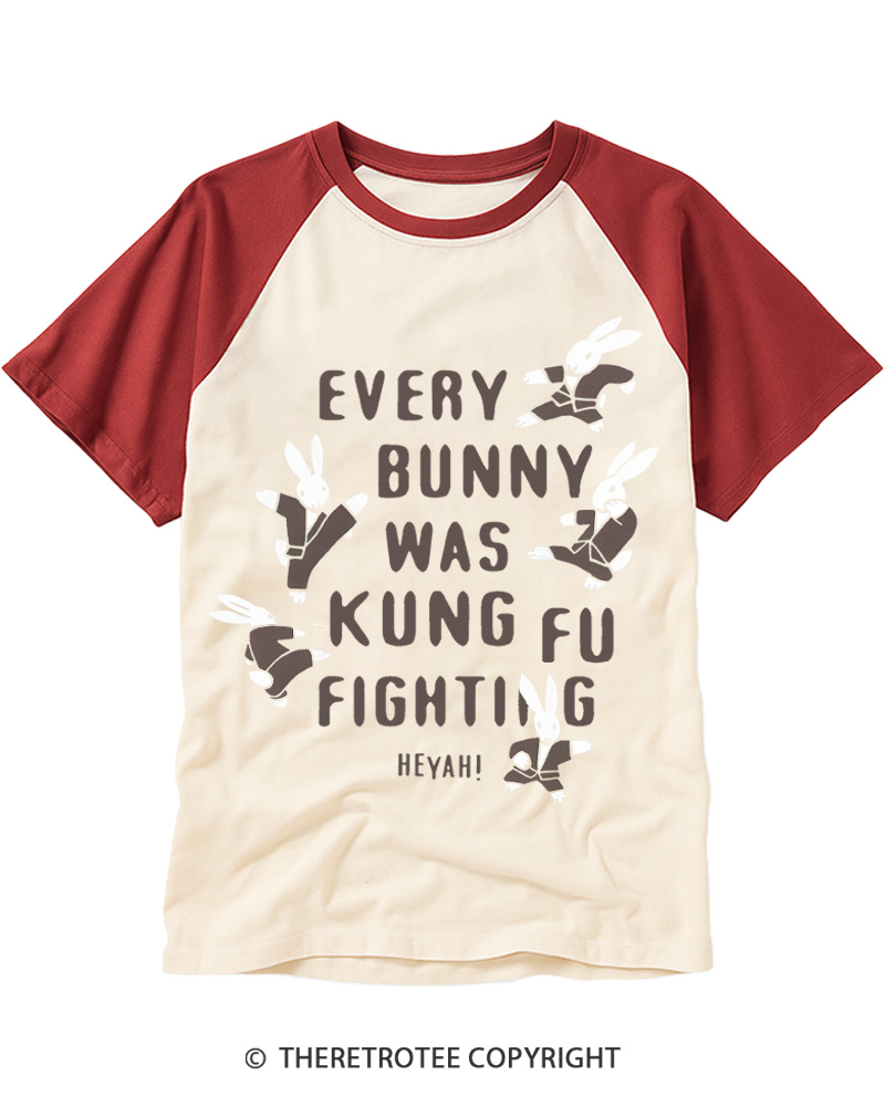TheRetroTee Every Bunny Was Kung Fu Fighting Raglan Baseball T-Shirt