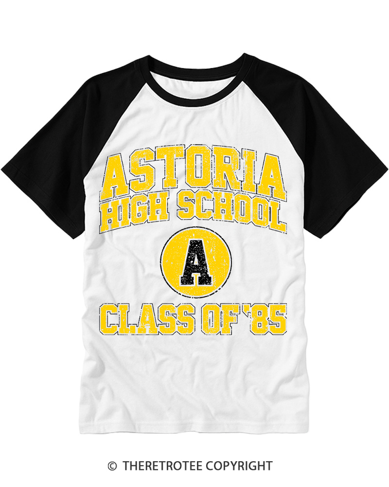 TheRetroTee Astoria High School Class of 85 1980s Raglan Baseball T-Shirt