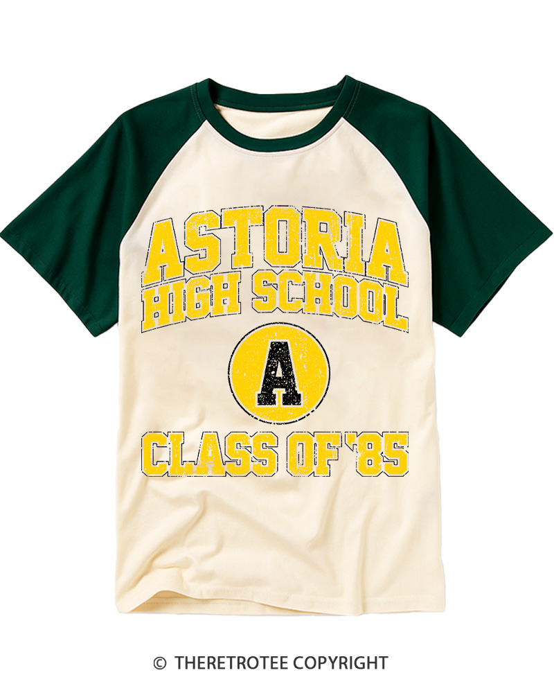 TheRetroTee Astoria High School Class of 85 1980s Raglan Baseball T-Shirt