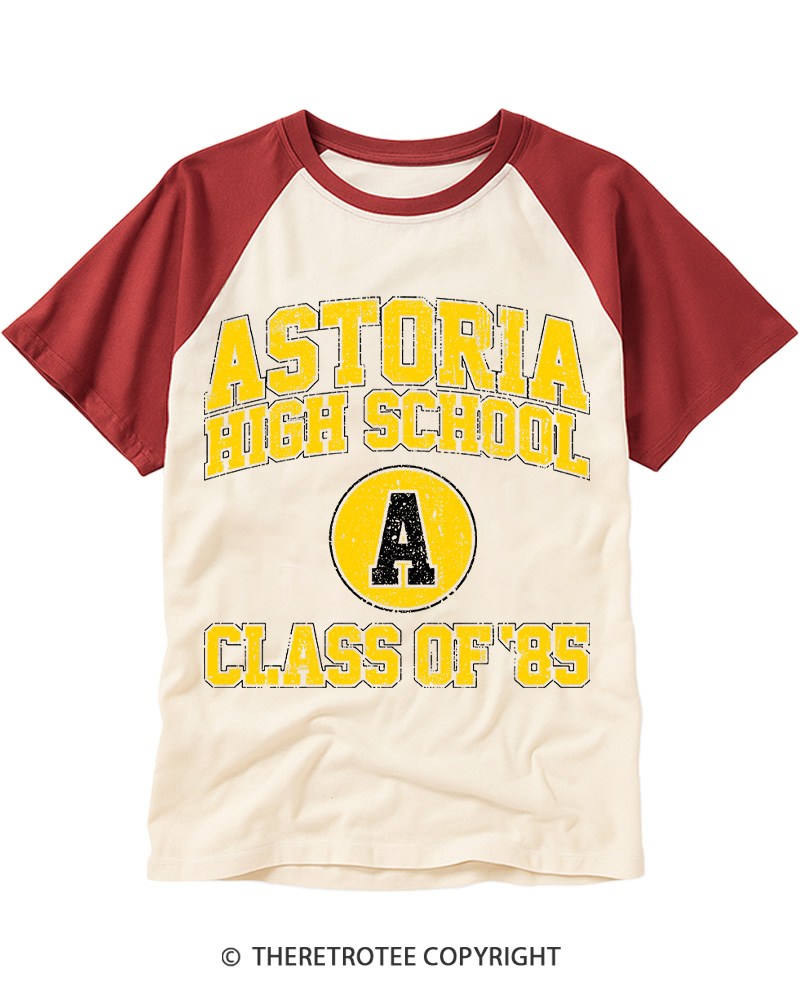TheRetroTee Astoria High School Class of 85 1980s Raglan Baseball T-Shirt