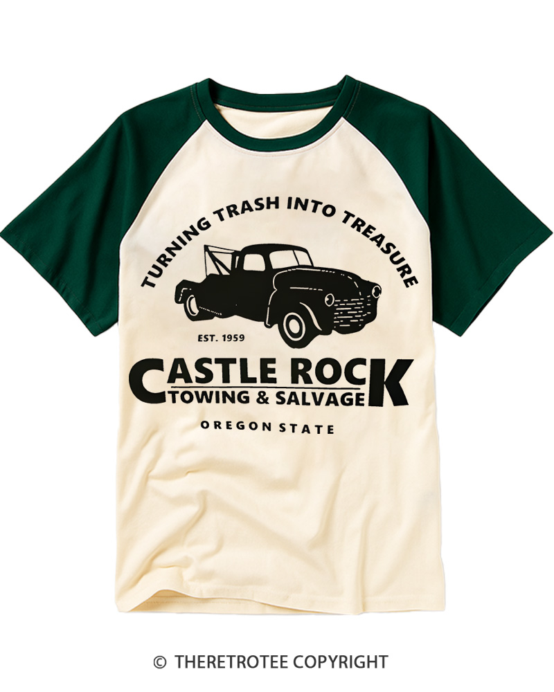 TheRetroTee Castle Rock Towing 1980s Raglan Baseball T-Shirt