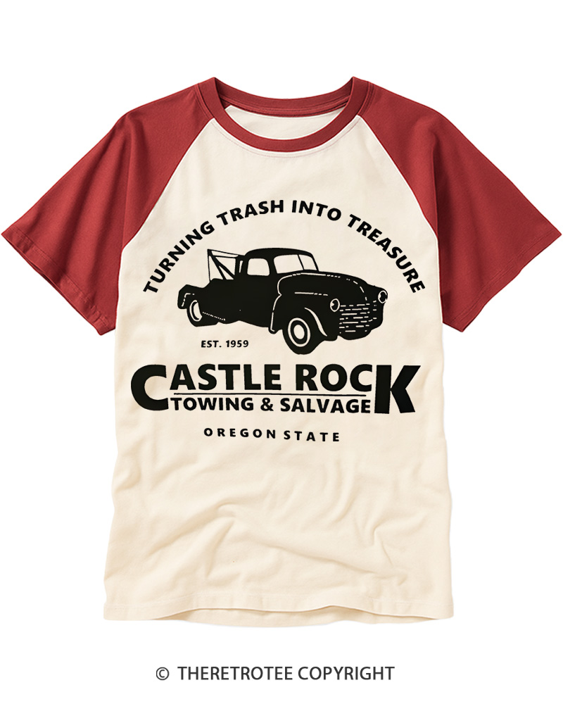 TheRetroTee Castle Rock Towing 1980s Raglan Baseball T-Shirt