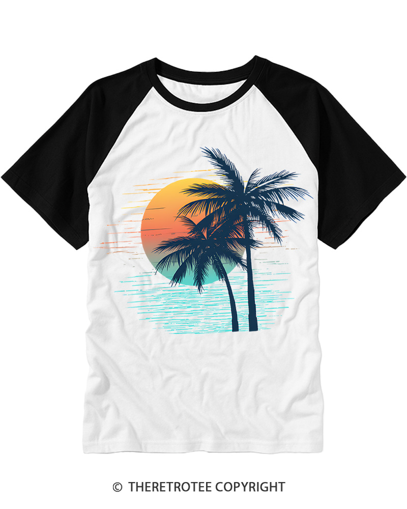 TheRetroTee Tropical Sunset 1970s Raglan Baseball T-Shirt