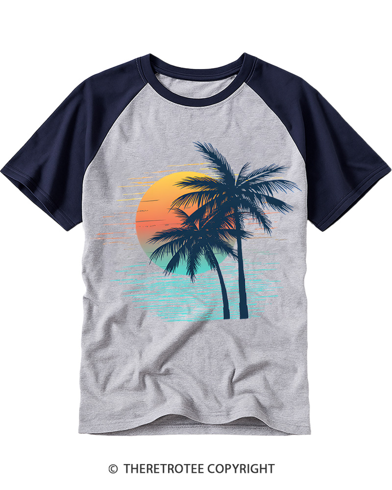 TheRetroTee Tropical Sunset 1970s Raglan Baseball T-Shirt