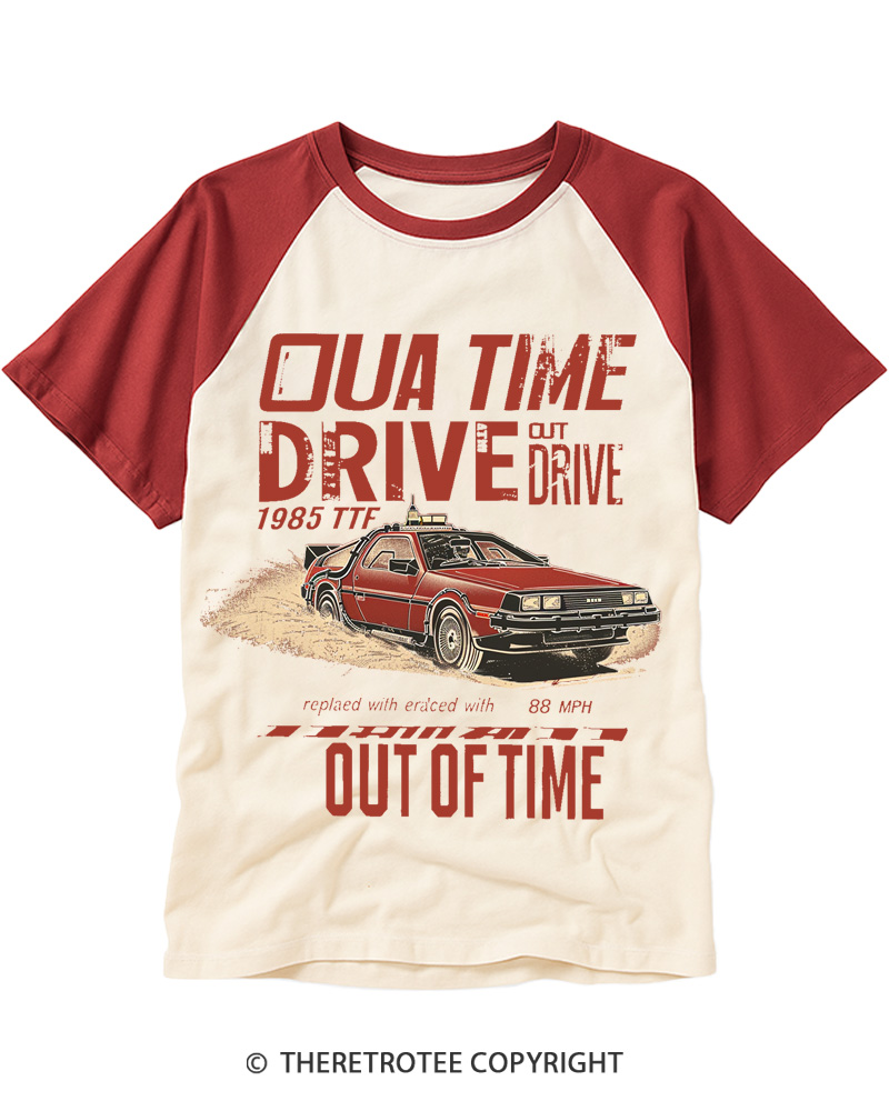 TheRetroTee Outta Time Drive 1980s Raglan Baseball T-Shirt