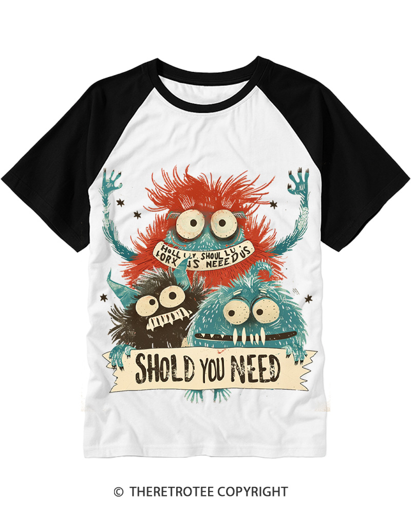 TheRetroTee Fuzzy Monsters Crew 1960s Raglan Baseball T-Shirt