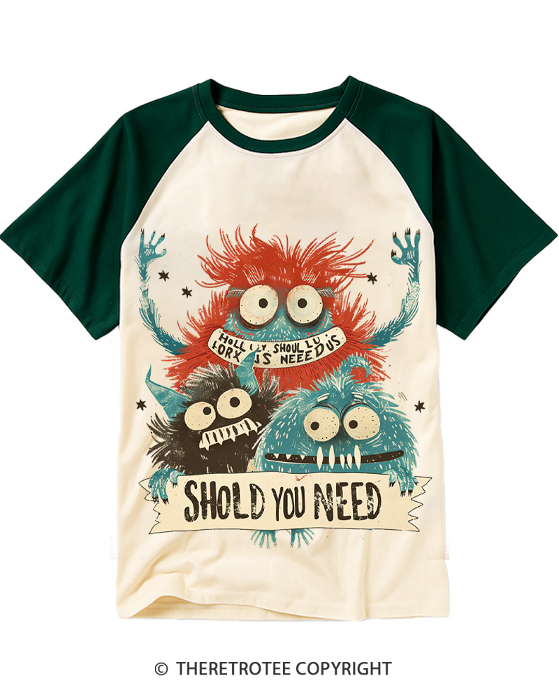 TheRetroTee Fuzzy Monsters Crew 1960s Raglan Baseball T-Shirt