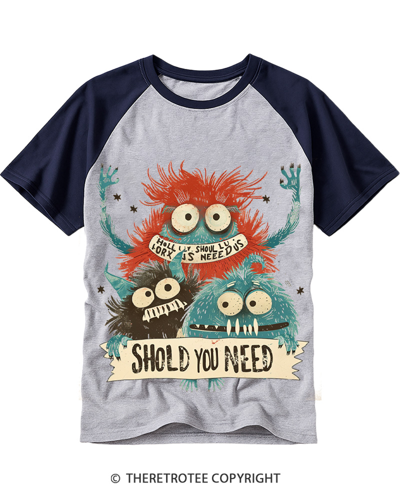 TheRetroTee Fuzzy Monsters Crew 1960s Raglan Baseball T-Shirt