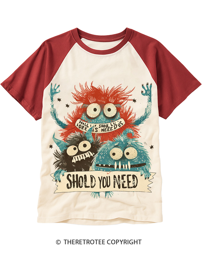 TheRetroTee Fuzzy Monsters Crew 1960s Raglan Baseball T-Shirt