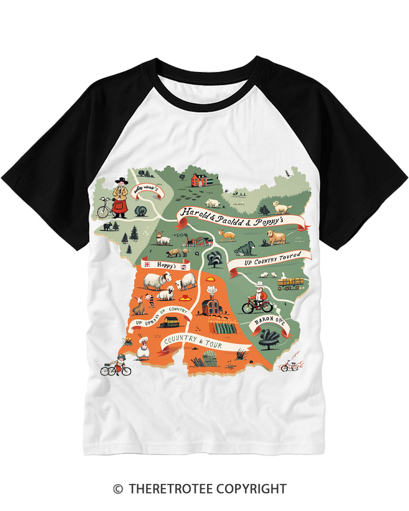TheRetroTee Countryside Adventure Map 1950s Raglan Baseball T-Shirt