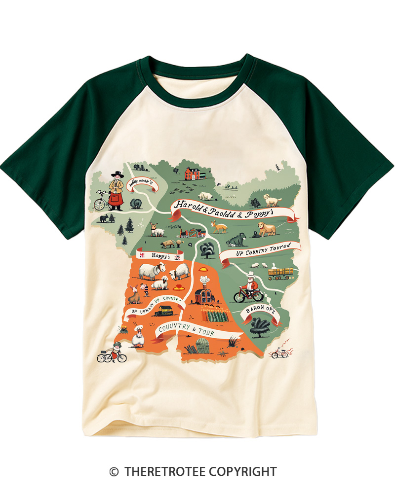 TheRetroTee Countryside Adventure Map 1950s Raglan Baseball T-Shirt
