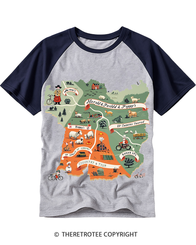 TheRetroTee Countryside Adventure Map 1950s Raglan Baseball T-Shirt