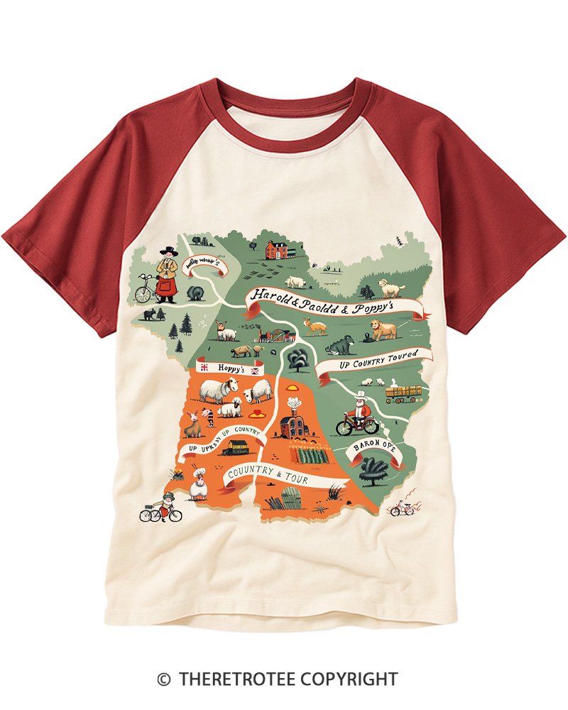 TheRetroTee Countryside Adventure Map 1950s Raglan Baseball T-Shirt