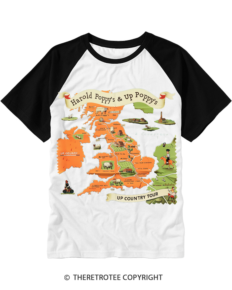 TheRetroTee Vintage Country Tour Map 1950s Raglan Baseball T-Shirt