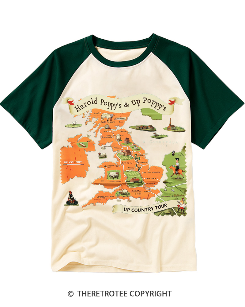 TheRetroTee Vintage Country Tour Map 1950s Raglan Baseball T-Shirt