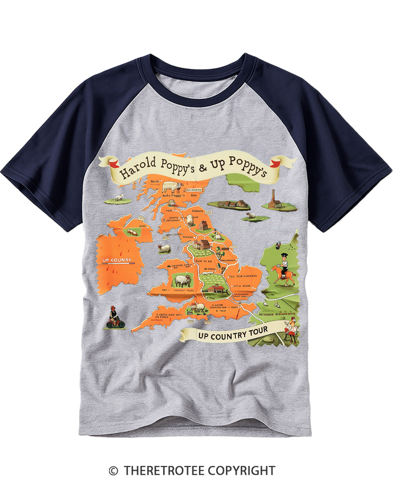 TheRetroTee Vintage Country Tour Map 1950s Raglan Baseball T-Shirt