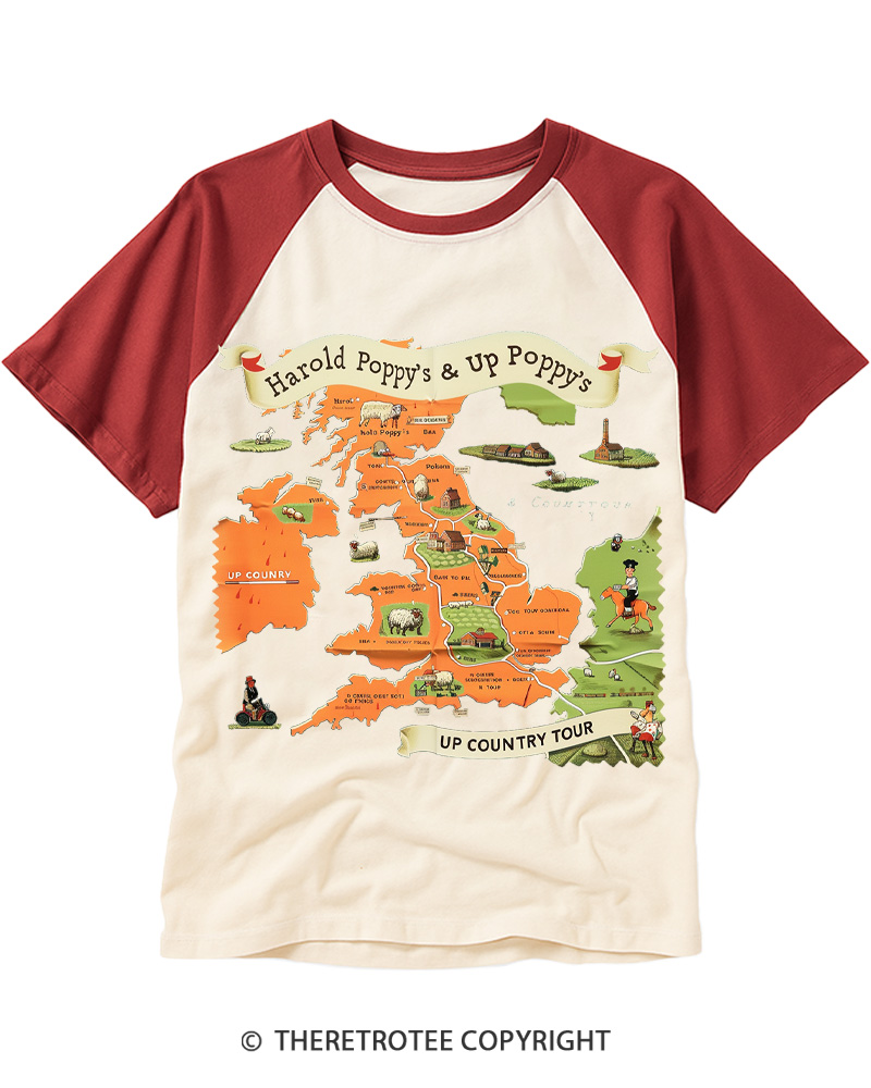TheRetroTee Vintage Country Tour Map 1950s Raglan Baseball T-Shirt