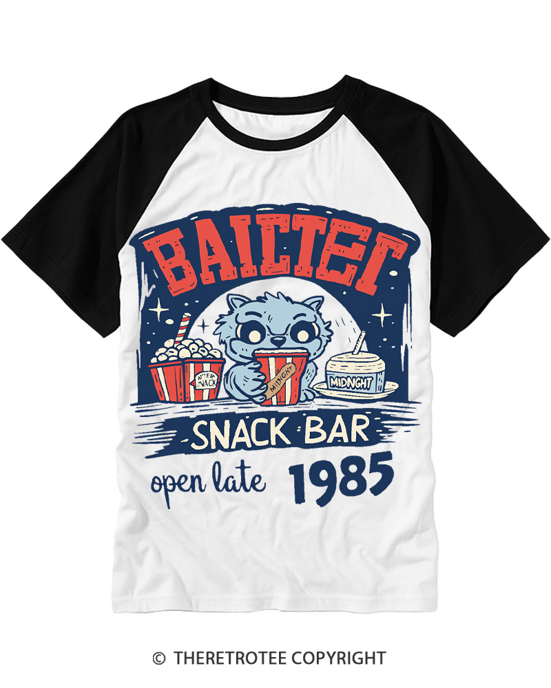 TheRetroTee Baitet Midnight Snack Bar 1980s Raglan Baseball T-Shirt