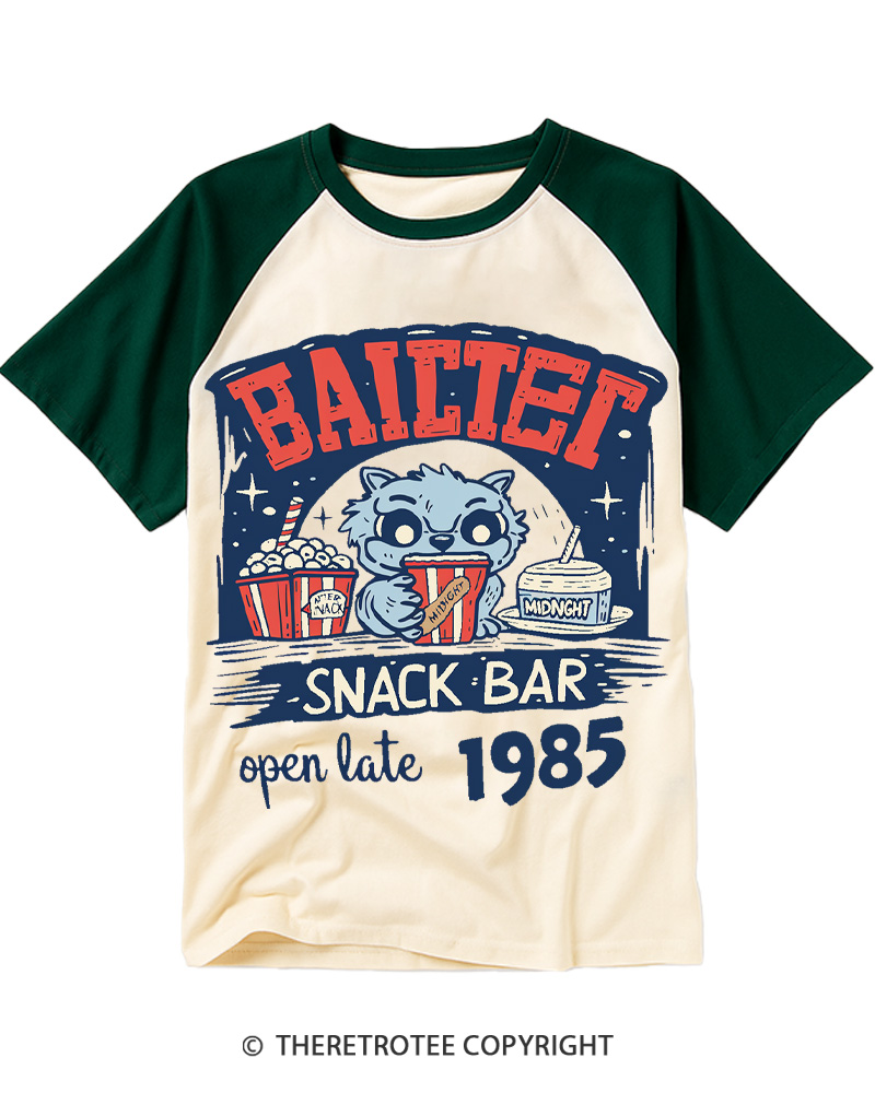 TheRetroTee Baitet Midnight Snack Bar 1980s Raglan Baseball T-Shirt