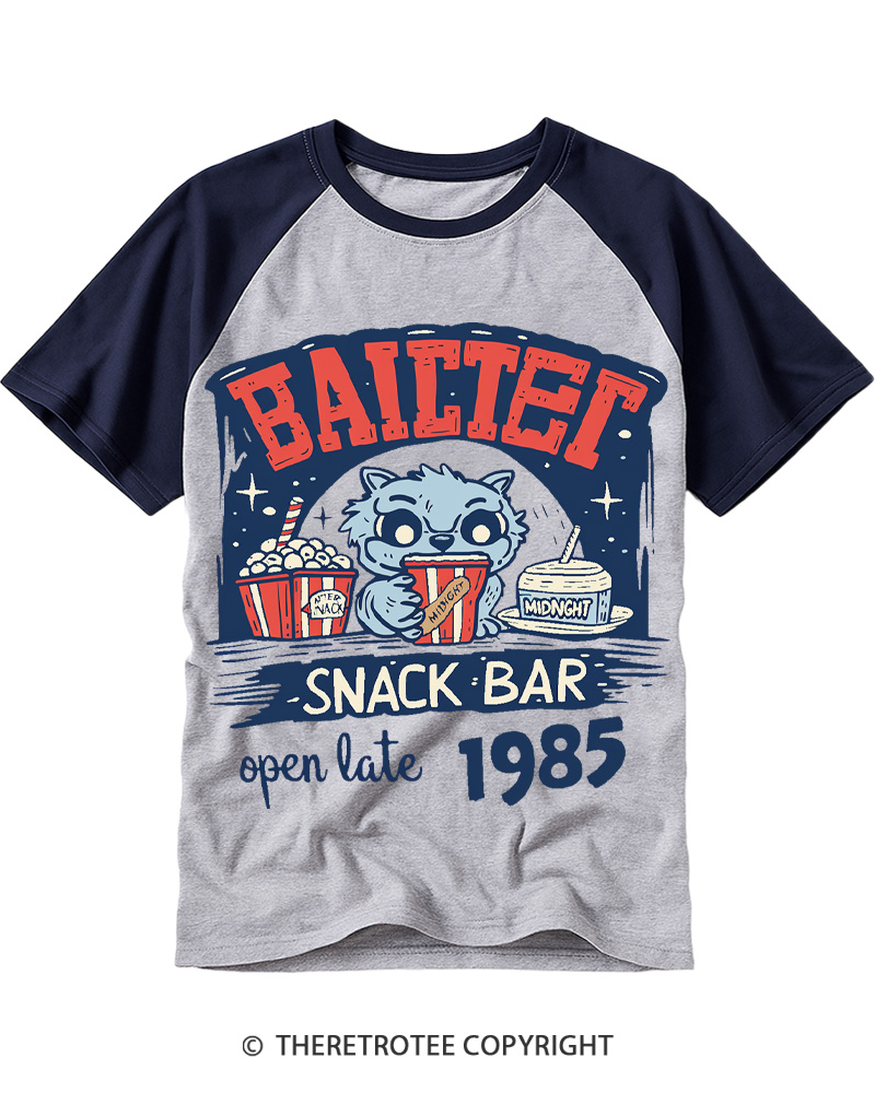 TheRetroTee Baitet Midnight Snack Bar 1980s Raglan Baseball T-Shirt